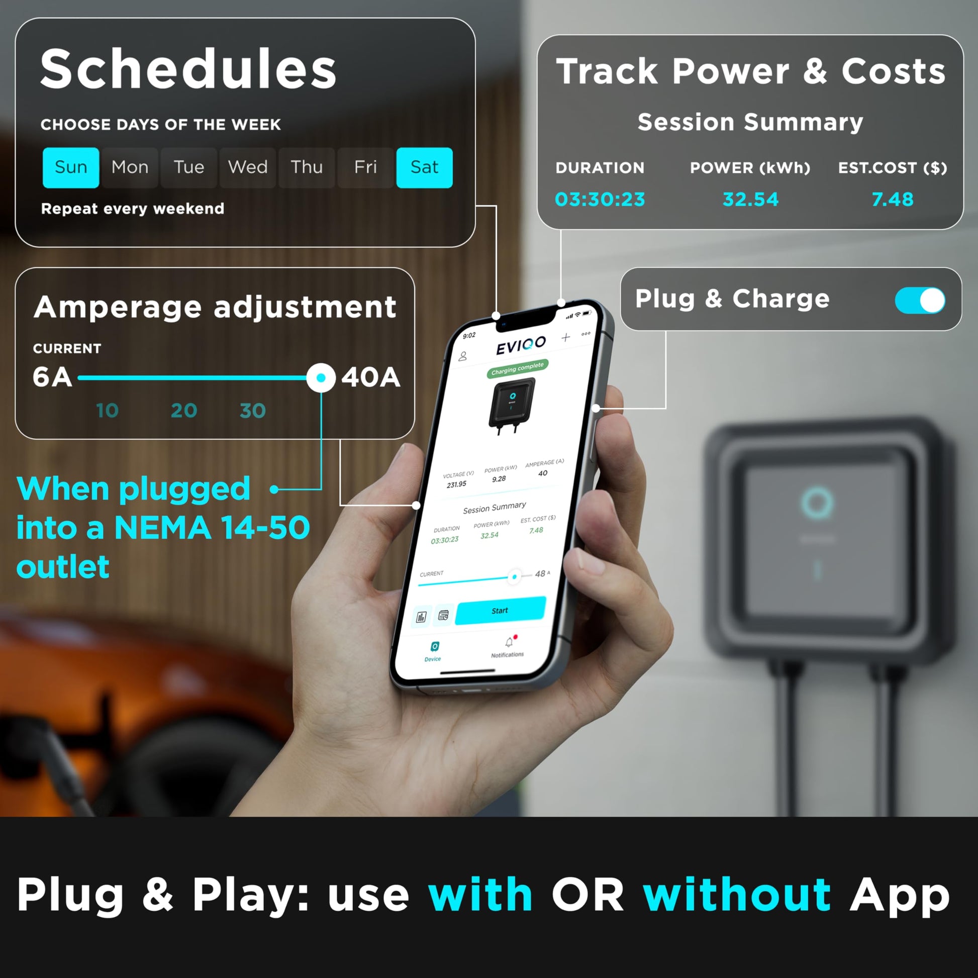 EVIQO Level 2 EV Charger, 48A (11.5kW), 240V, NEMA 14-50 Plug-in, J1772 for Non-Tesla EVs EVIQO