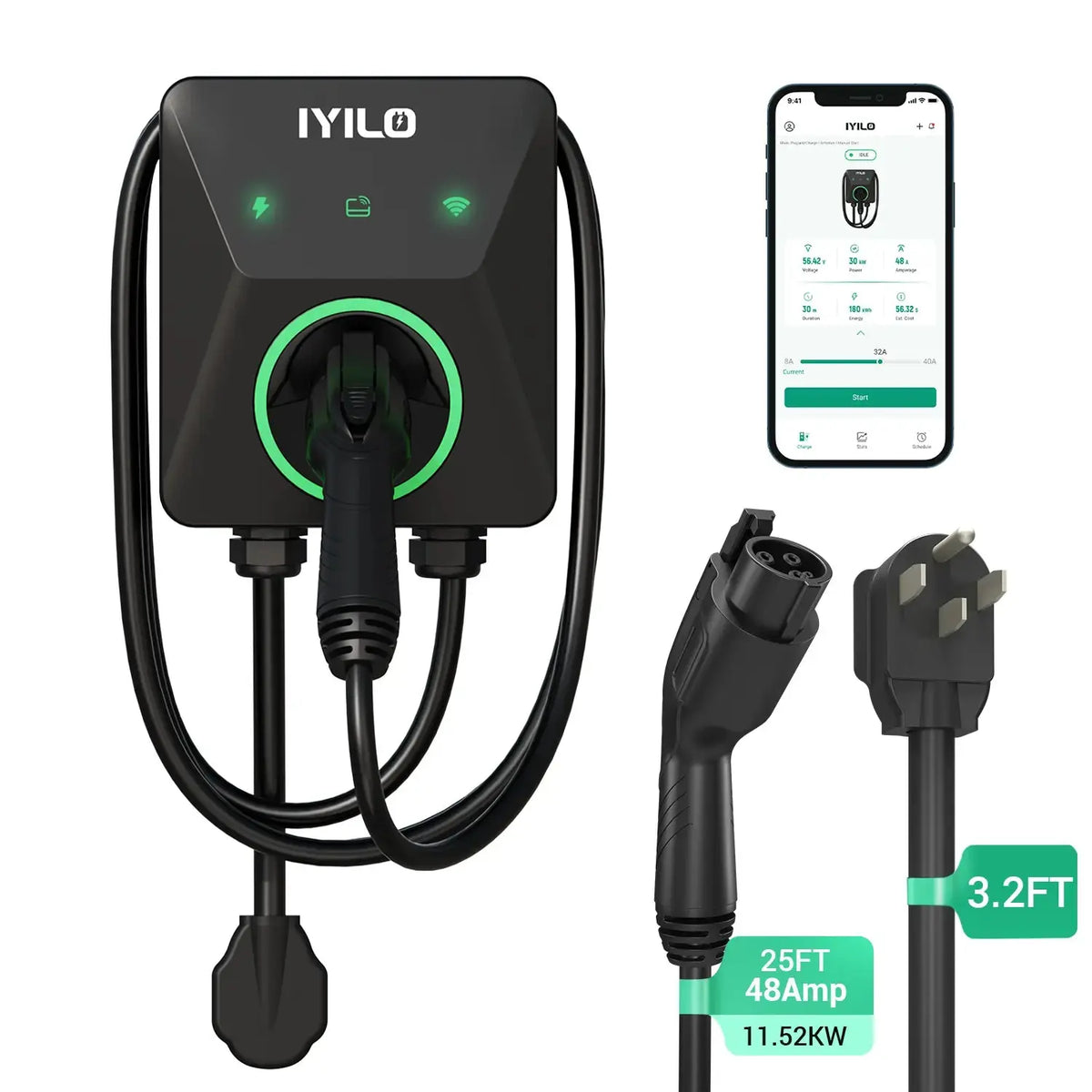 IYILO Level 2 EV Charger NEMA 14-50 J1772 Wall-mounted Plug In - 48A IYILO