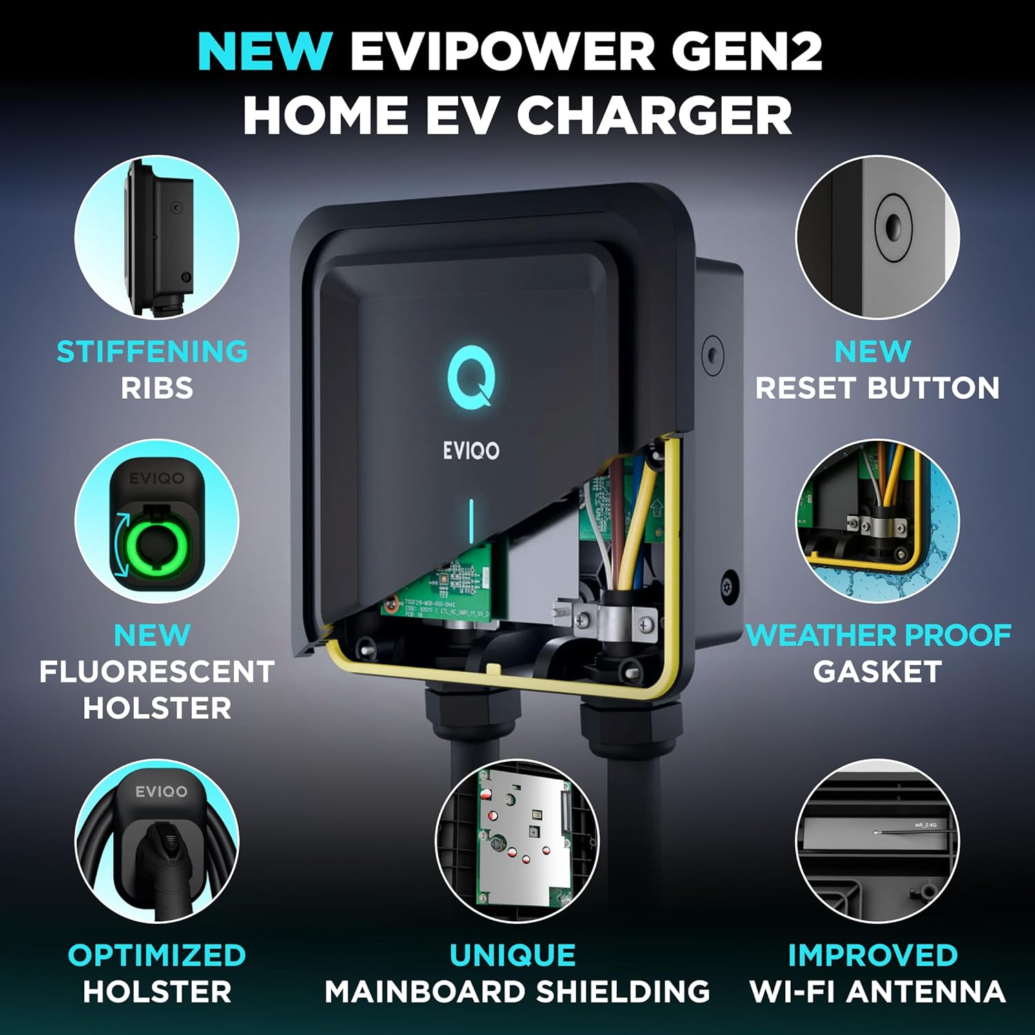 EVIQO Level 2 EV Charger, 40A (9.6kW), 240V, NEMA 14-50 Plug-in, J1772 for Non-Tesla EVs EVIQO