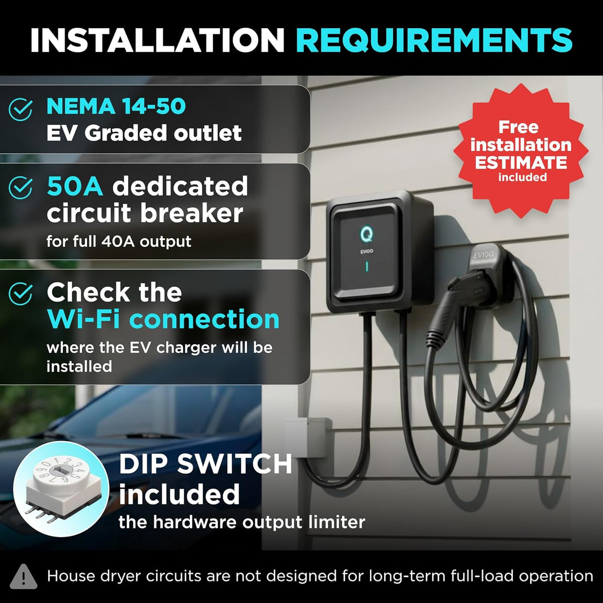 EVIQO Level 2 EV Charger, 40A (9.6kW), 240V, NEMA 14-50 Plug-in, J1772 for Non-Tesla EVs EVIQO