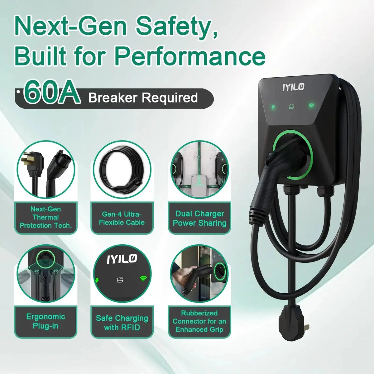 IYILO Level 2 EV Charger NEMA 14-50 J1772 Wall-mounted Plug In - 48A IYILO