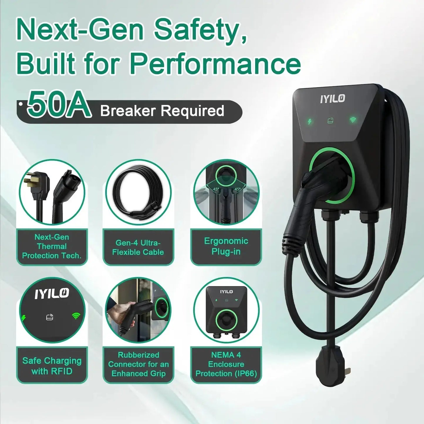 IYILO Level 2 EV Charger NEMA 14-50 J1772 Wall-mounted Plug In - 40A IYILO