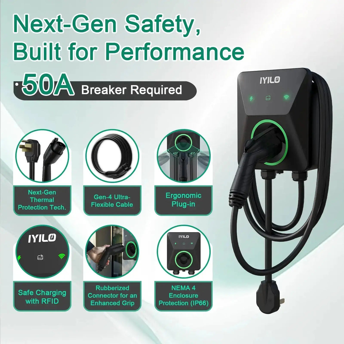 IYILO Level 2 EV Charger NEMA 14-50 J1772 Wall-mounted Plug In - 40A IYILO