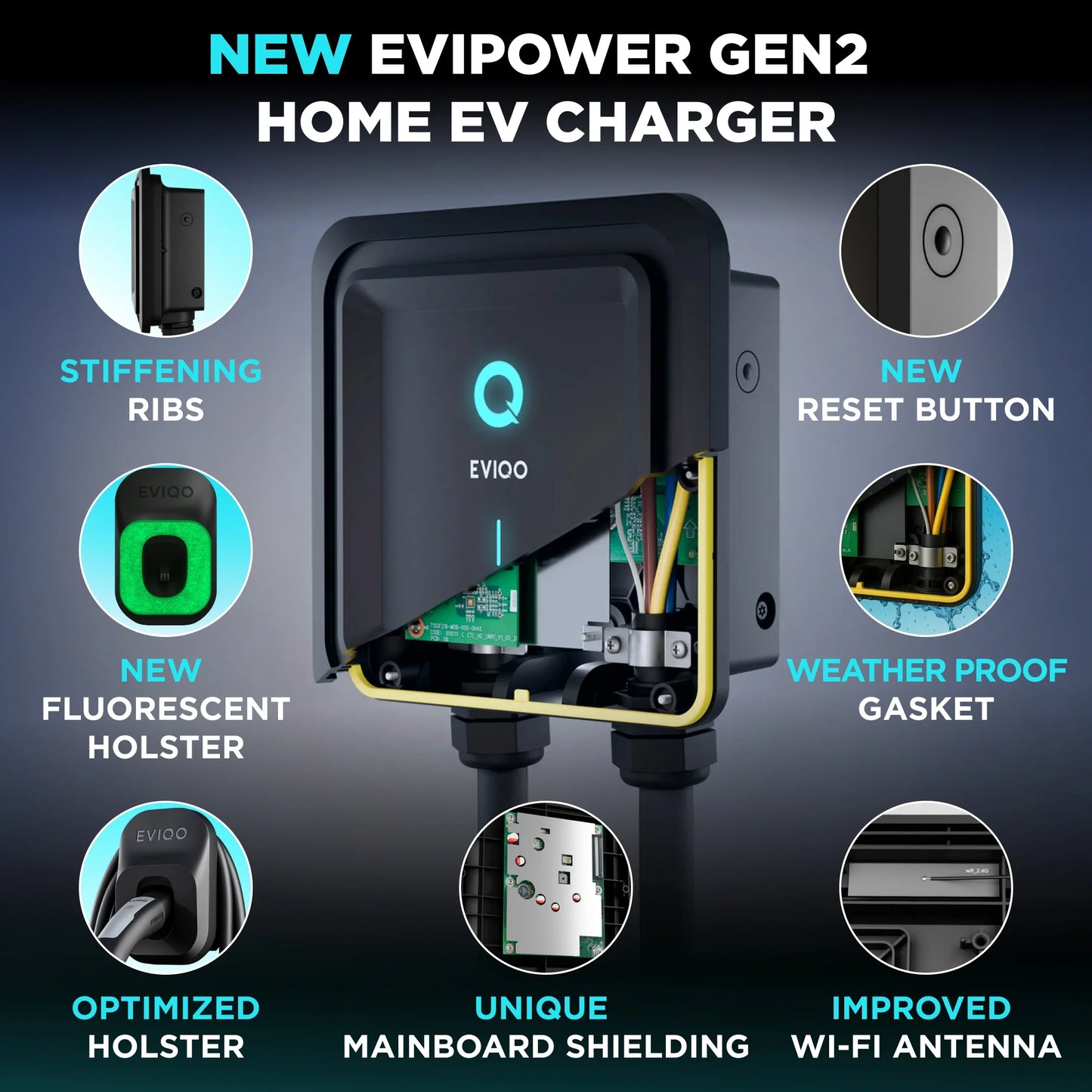 EVIQO NACS Level 2 EV Charger, 48A (50A Max), 240V, Hardwired, for Tesla EVs EVIQO
