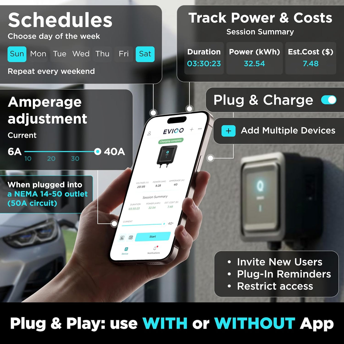 EVIQO Level 2 EV Charger, 40A (9.6kW), 240V, NEMA 14-50 Plug-in, J1772 for Non-Tesla EVs EVIQO
