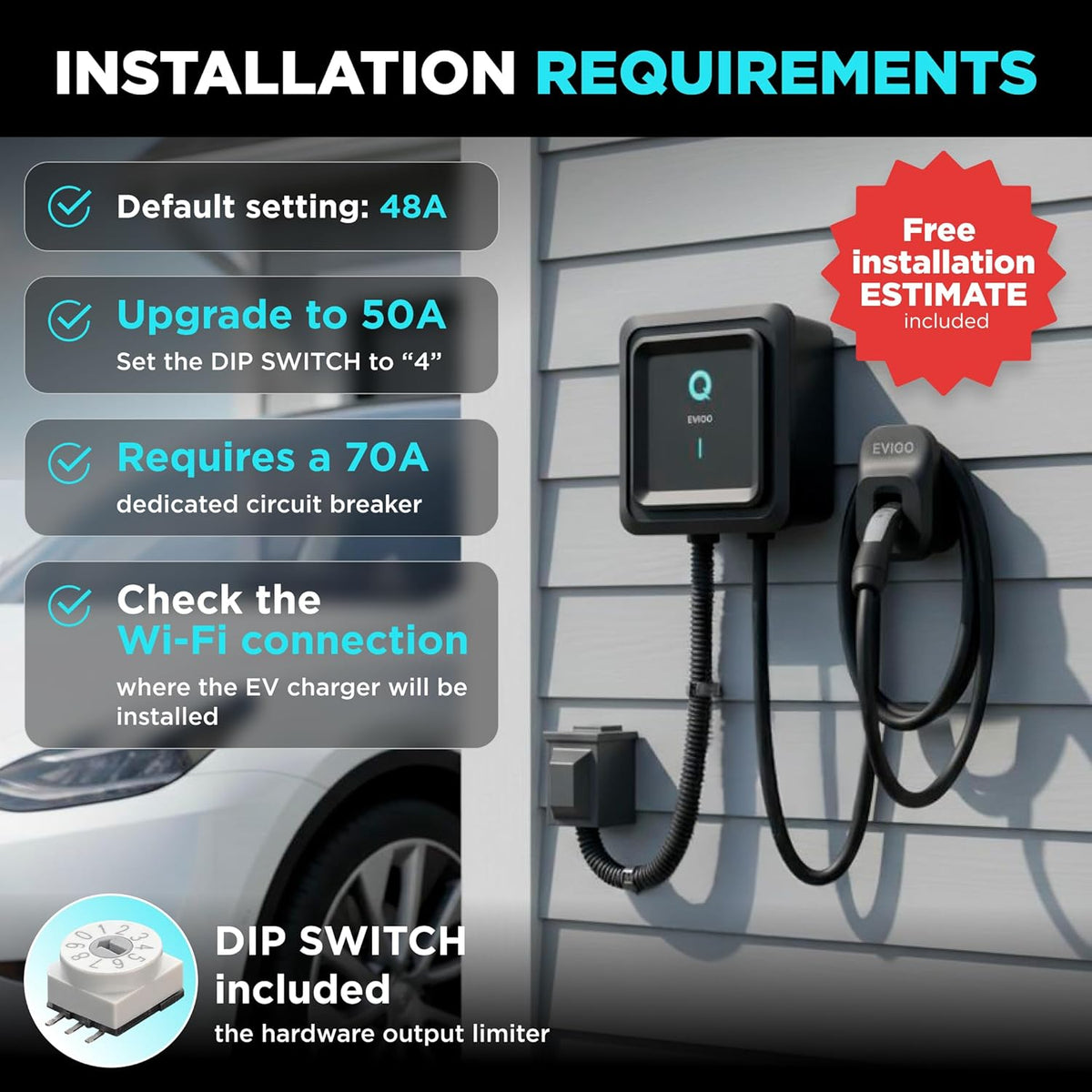 EVIQO NACS Level 2 EV Charger, 48A (50A Max), 240V, Hardwired, for Tesla EVs EVIQO