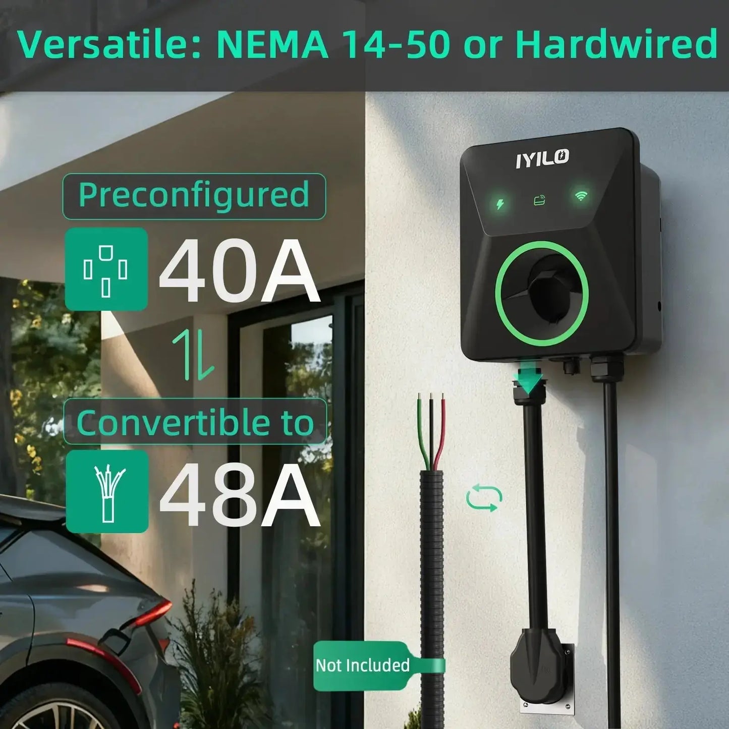 IYILO Level 2 EV Charger NEMA 14-50 J1772 Wall-mounted Plug In - 48A IYILO