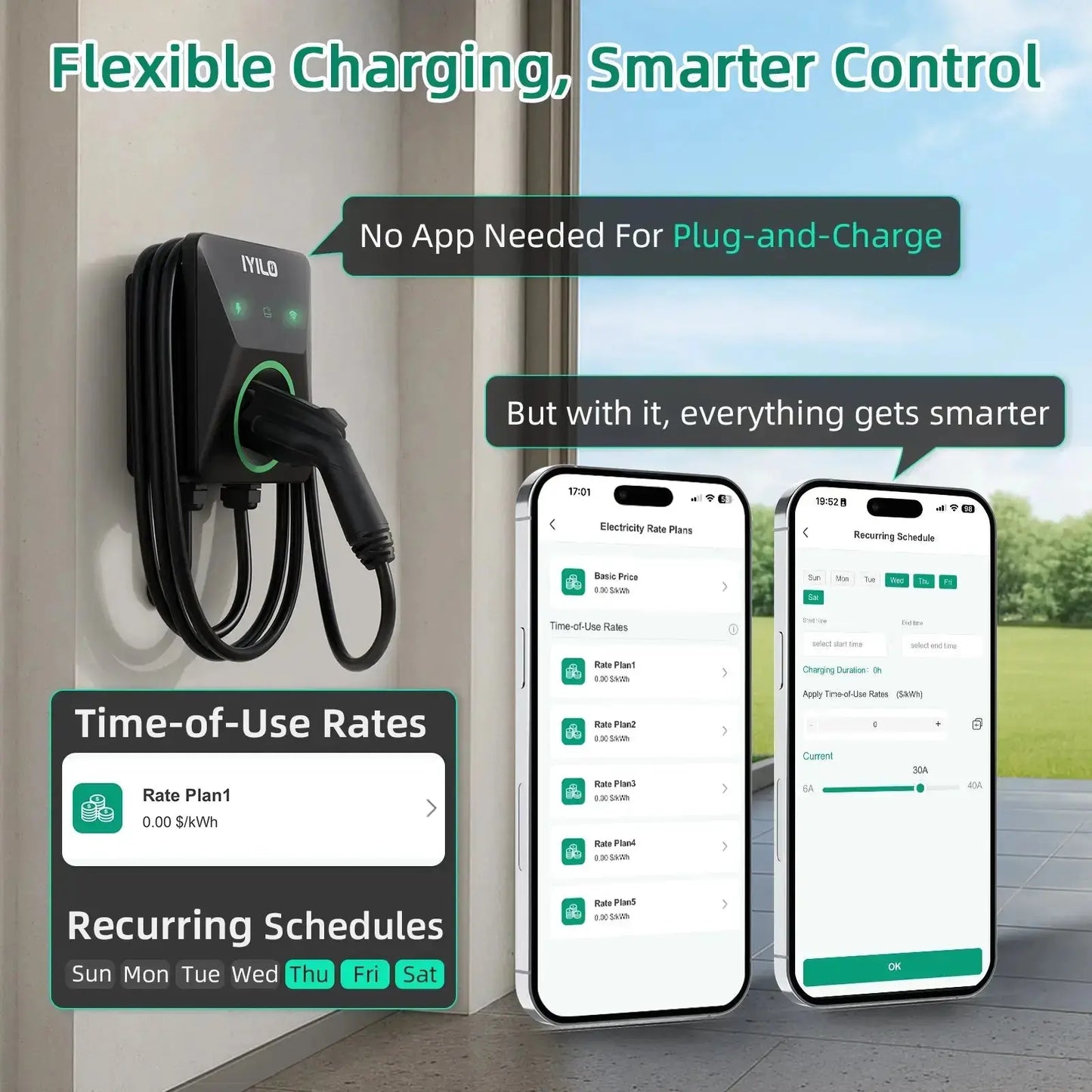 IYILO Level 2 EV Charger NEMA 14-50 J1772 Wall-mounted Plug In - 40A IYILO