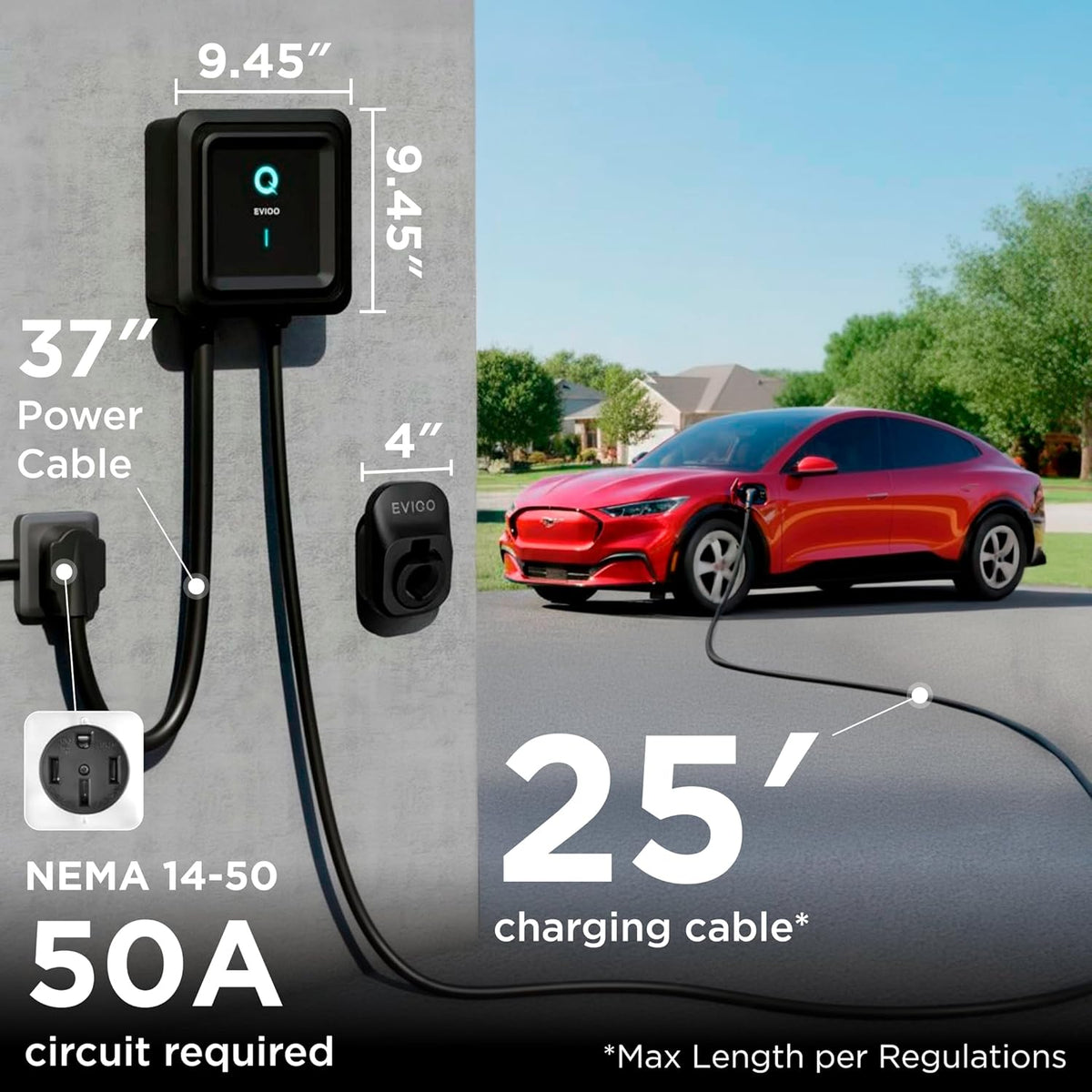 EVIQO Level 2 EV Charger, 40A (9.6kW), 240V, NEMA 14-50 Plug-in, J1772 for Non-Tesla EVs EVIQO