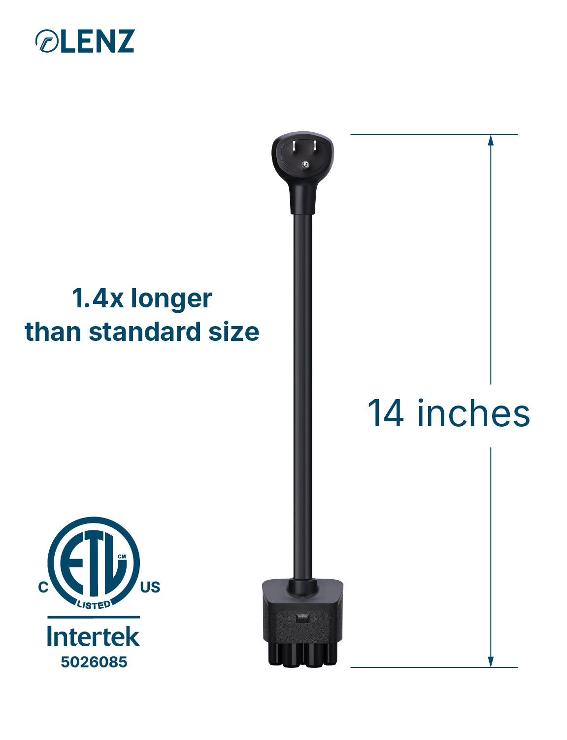 NEMA 5-15 Adapter Compatible with Tesla Gen 2 and Gen 3 Mobile Chargers Extended 14" Length Lenz Charging Solutions