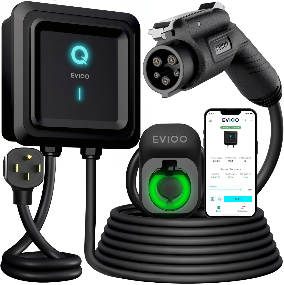 EVIQO Level 2 EV Charger, 40A (9.6kW), 240V, NEMA 14-50 Plug-in, J1772 for Non-Tesla EVs EVIQO