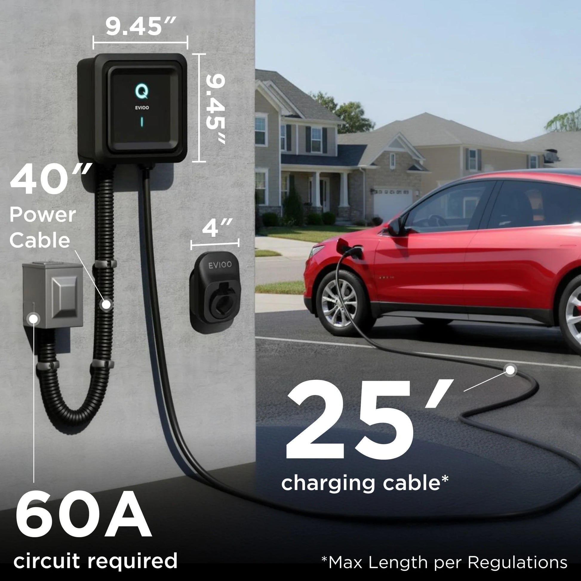 EVIQO Level 2 EV Charger, 48A (50A Max), 240V, Hardwired, J1772 for Non-Tesla EVs EVIQO
