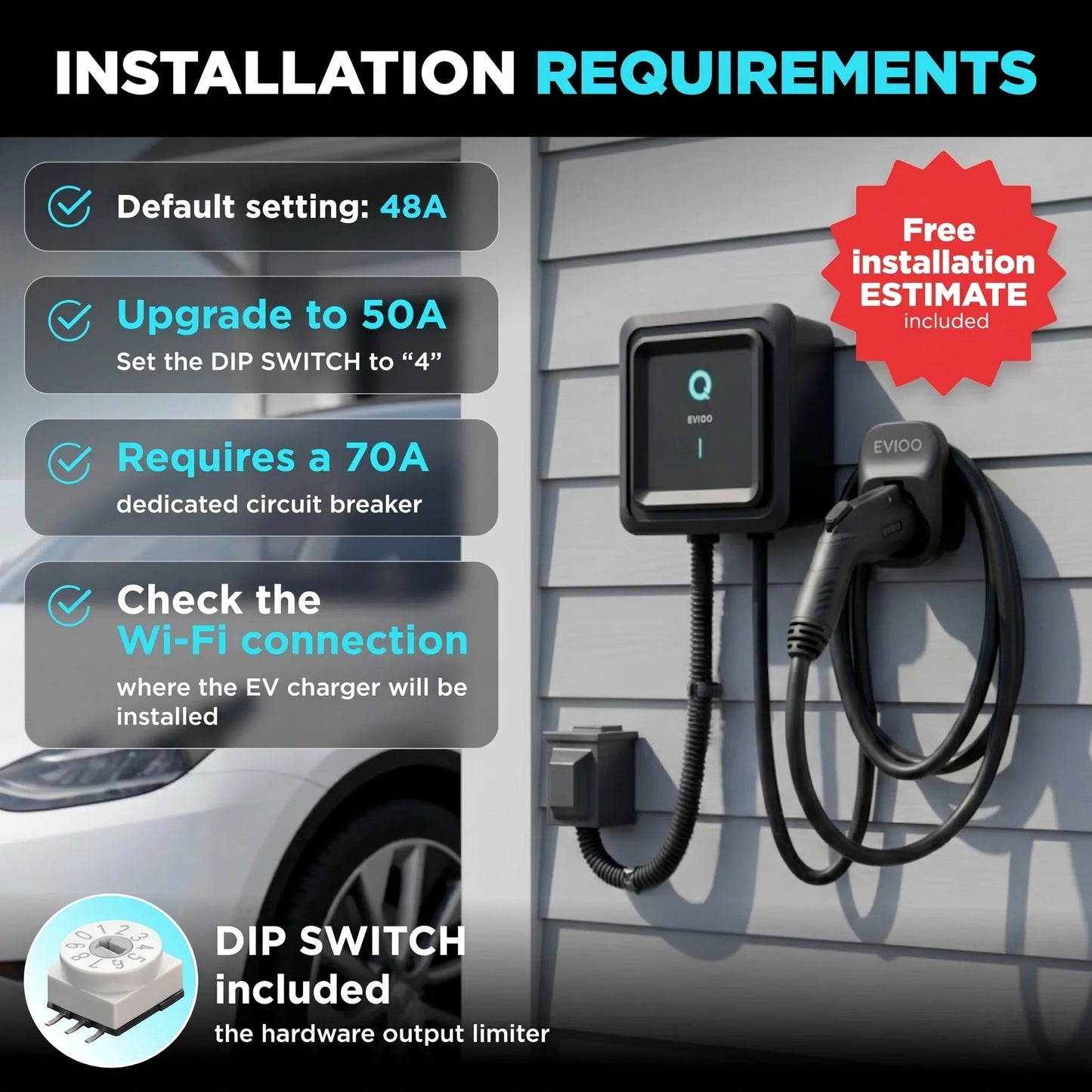 EVIQO Level 2 EV Charger, 48A (50A Max), 240V, Hardwired, J1772 for Non-Tesla EVs EVIQO
