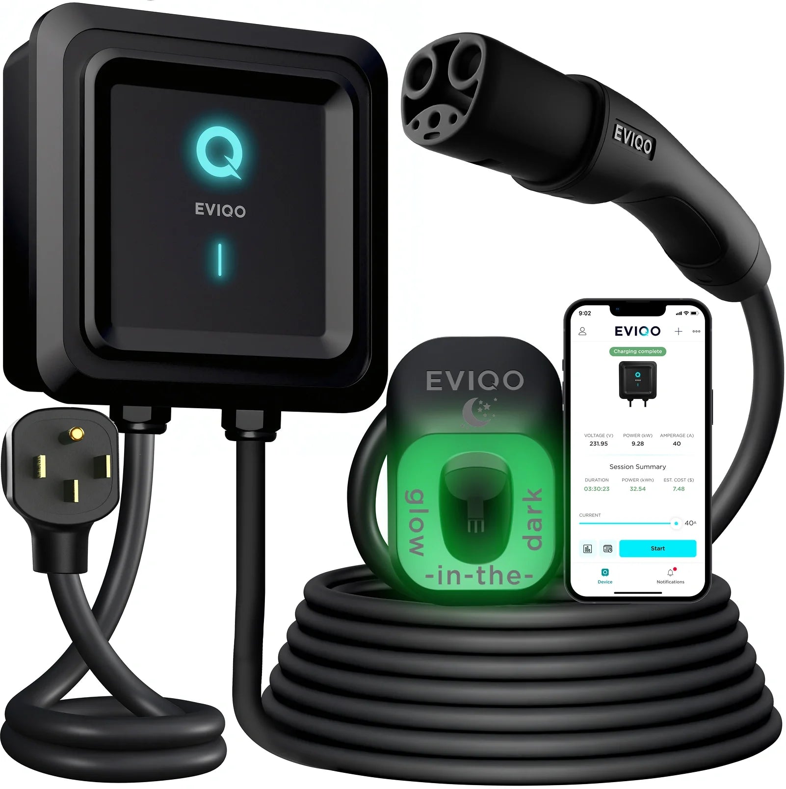 EVIQO NACS Level 2 EV Charger, 40A (9.6kW), 240V, NEMA 14-50 Plug In, for Tesla EVs EVIQO