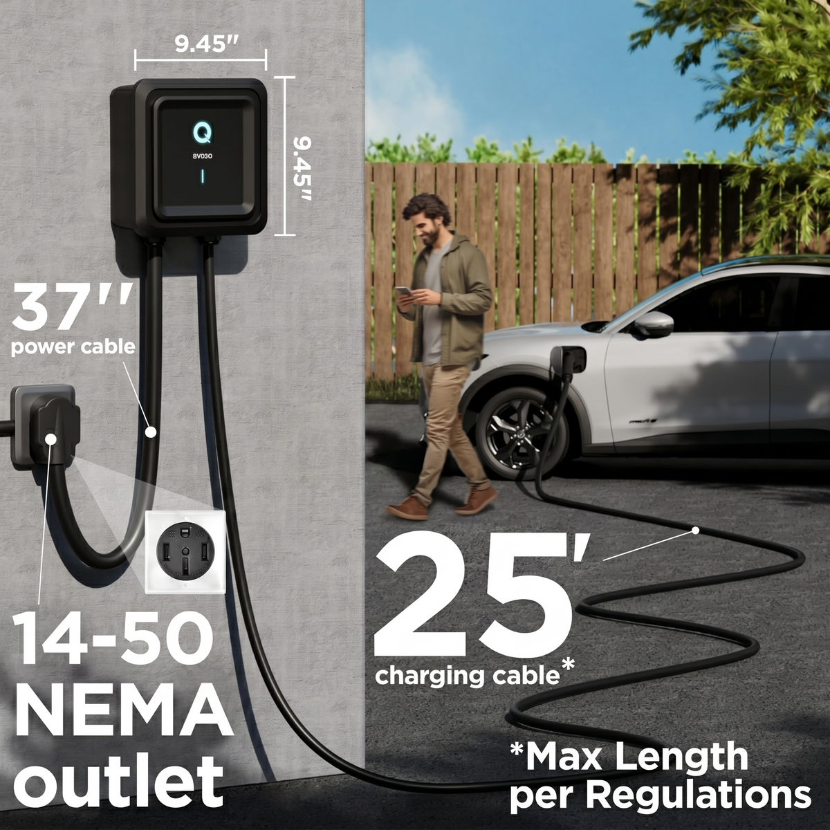 EVIQO Level 2 EV Charger, 48A (11.5kW), 240V, NEMA 14-50 Plug-in, J1772 for Non-Tesla EVs EVIQO