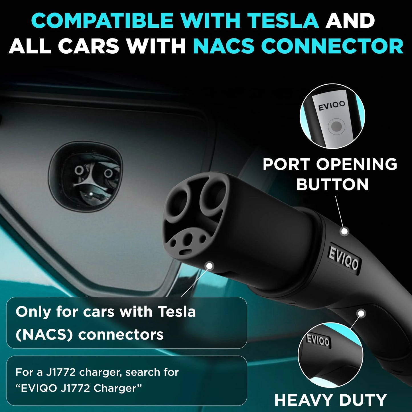 EVIQO NACS Level 2 EV Charger, 40A (9.6kW), 240V, NEMA 14-50 Plug In, for Tesla EVs EVIQO