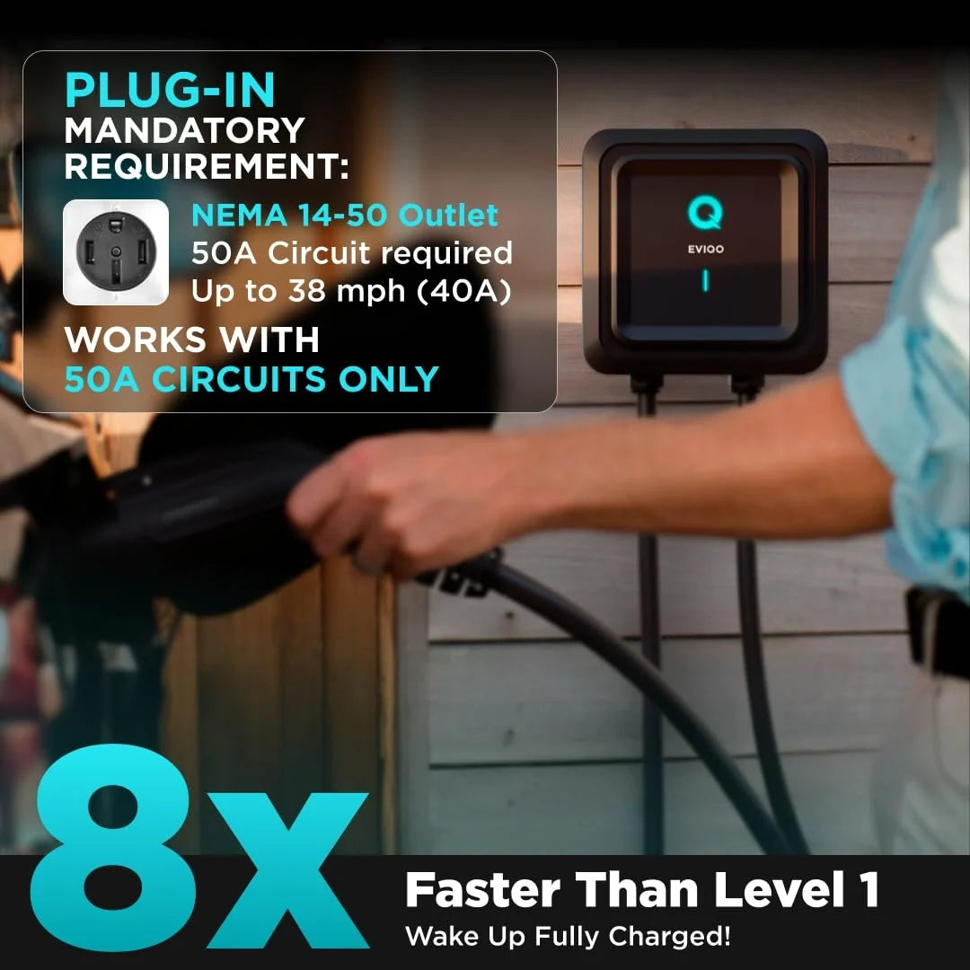 EVIQO NACS Level 2 EV Charger, 40A (9.6kW), 240V, NEMA 14-50 Plug In, for Tesla EVs EVIQO