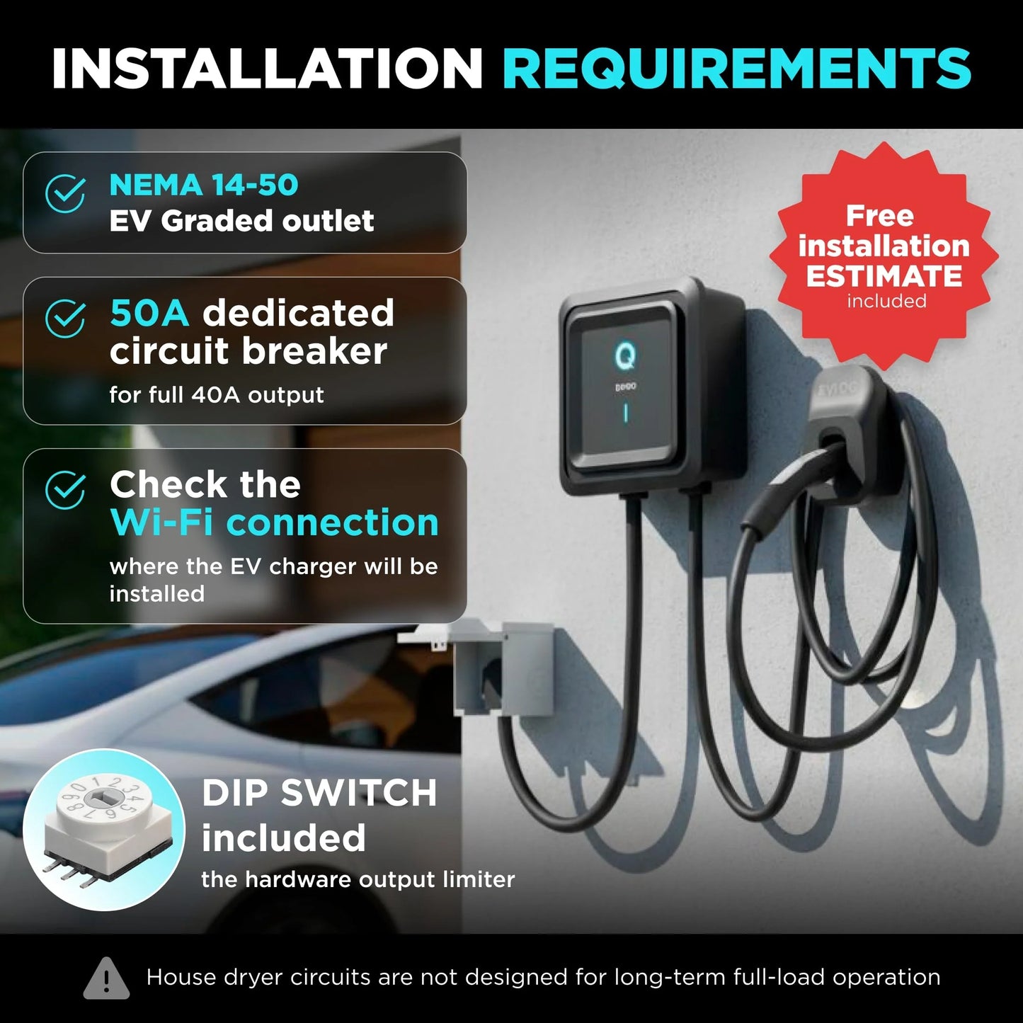 EVIQO NACS Level 2 EV Charger, 40A (9.6kW), 240V, NEMA 14-50 Plug In, for Tesla EVs EVIQO