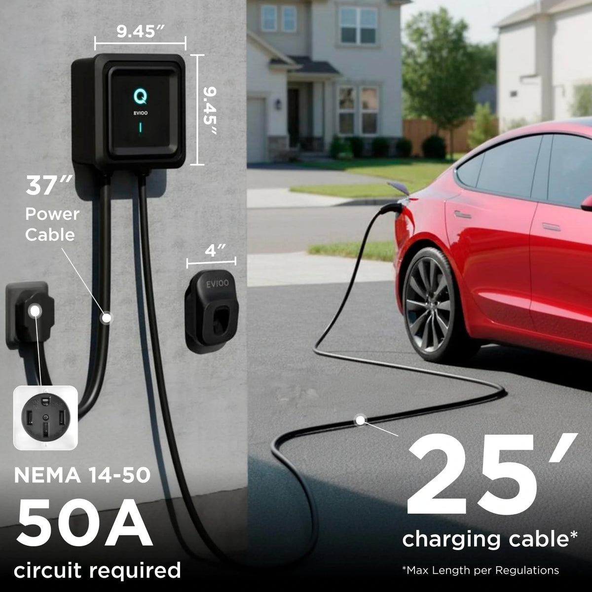 EVIQO NACS Level 2 EV Charger, 40A (9.6kW), 240V, NEMA 14-50 Plug In, for Tesla EVs EVIQO