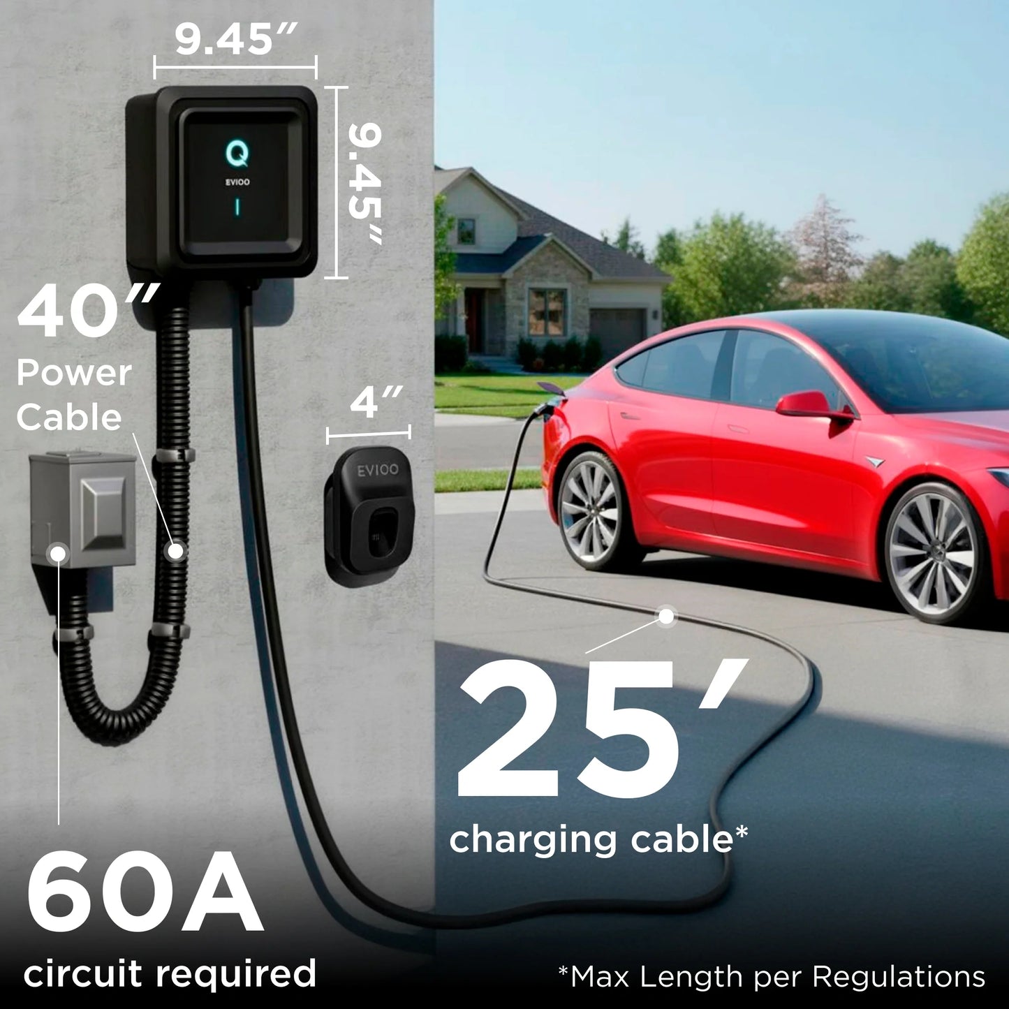 EVIQO NACS Level 2 EV Charger, 48A (50A Max), 240V, Hardwired, for Tesla EVs EVIQO