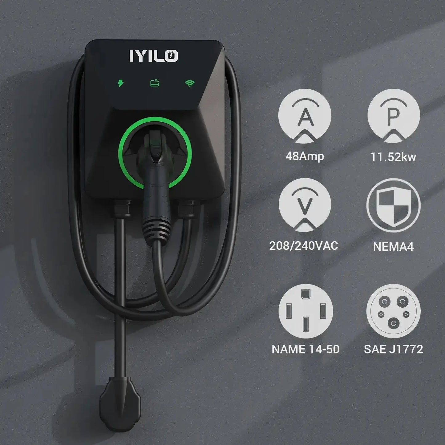IYILO Level 2 EV Charger NEMA 14-50 J1772 Wall-mounted Plug In - 48A IYILO