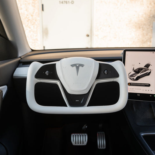 TESERY Yoke Plaid Steering Wheel for Tesla Model 3 / Y【White Leather】 Tesery Official Store